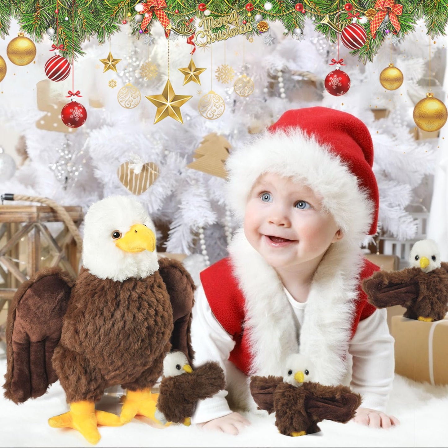 XYHQYB 4 Pcs Bald Eagle Stuffed Animal Plush, Zippered Large Mommy Stuffed Eagle Plush with 3 Baby Bald Eagles Toys, Wild Zoo Animals Gifts for Kids Boys Girls Birthday Easter Stuffers Christmas