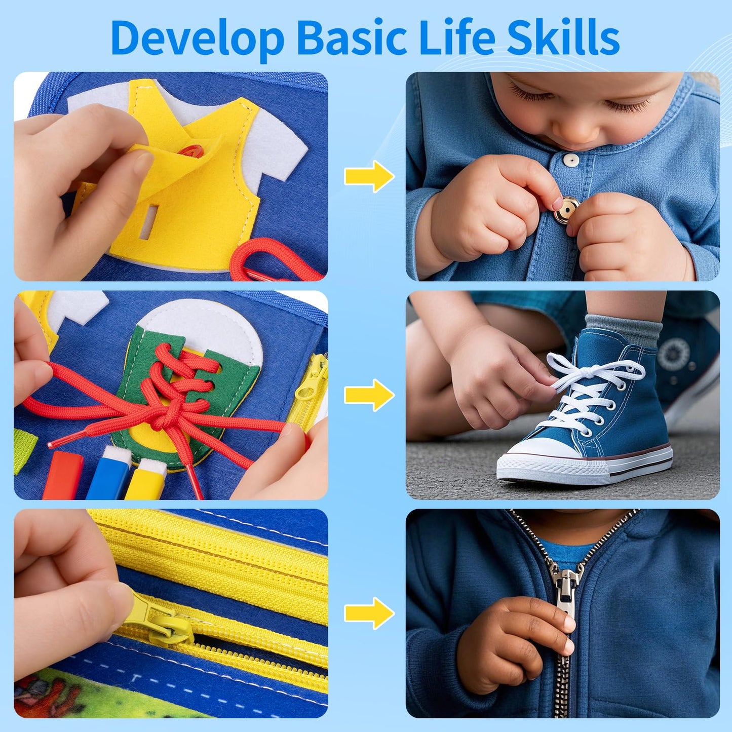 Toddler Busy Board, Montessori Busy Book for Toddlers, 12-Page Quiet Educational Activity Book for Motor Skills, Learning Sensory Travel Toys for Car Airplane, Birthday Gifts for Boy Girl Kids (Blue)