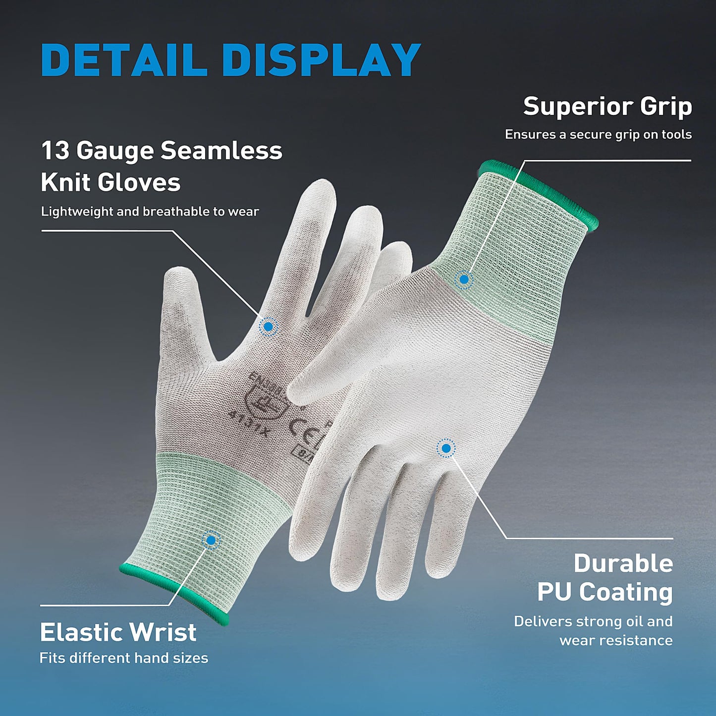 S SATC 12 Pairs Safety Work Gloves with grip, 13 Gauge Seamless Knit Gloves with Polyurethane Coated on Palm, Ideal for Automotive, Gardening, Mechanics, Small