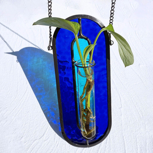 LITMIND Transparent Blue Stained Glass Propagation Station - Handcrafted Suncatcher Hanging Planter with 2 Glass Tubes, Multi-Color Hydroponic Wall Décor for Windows, Home & Garden
