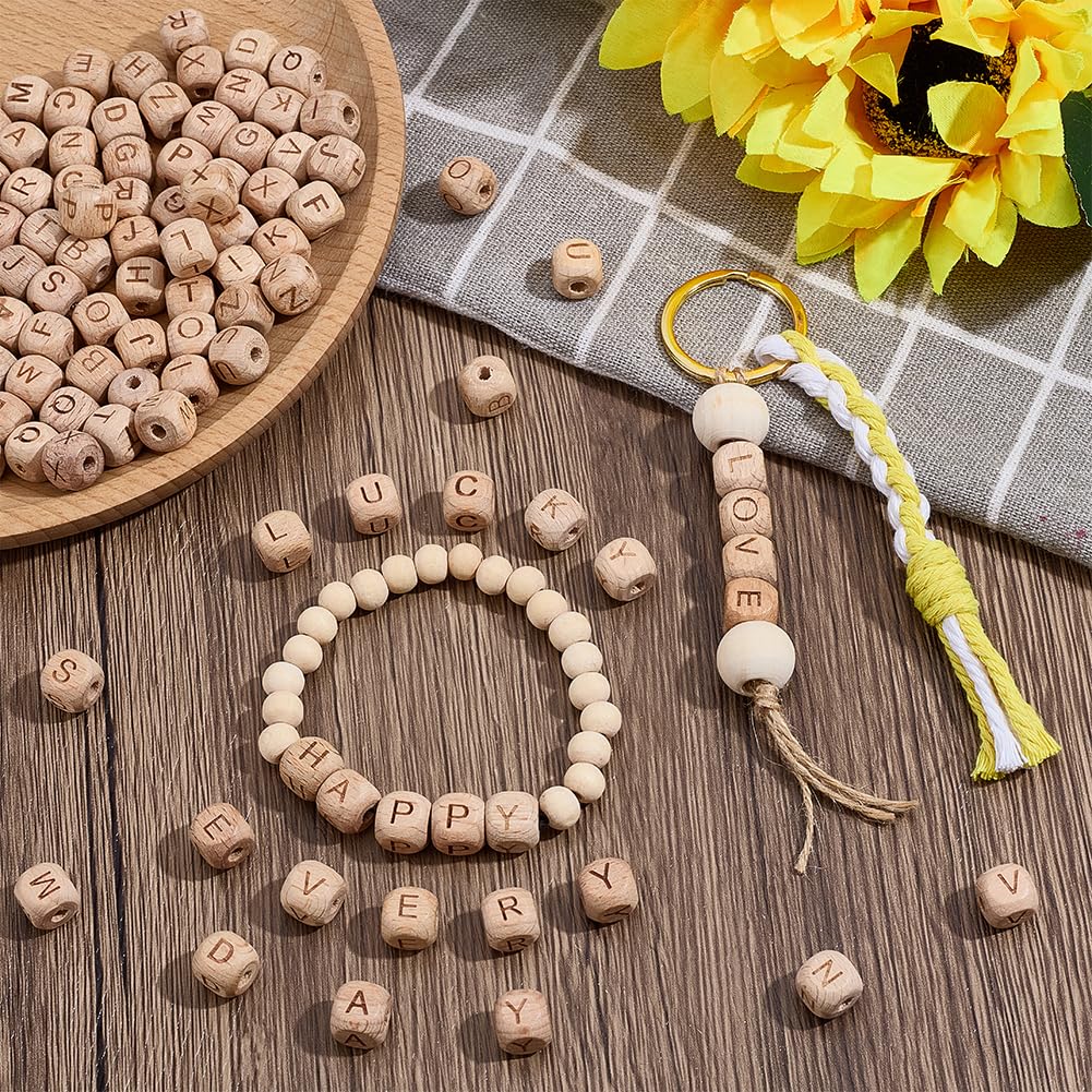 PH PandaHall 104pcs Alphabet Wooden Beads, 10mm Flat Round Letter Beads Natural Wooden Flat Bead Wood Loose Bead for DIY Crafts Jewelry Making, Hole 3~3.5mm