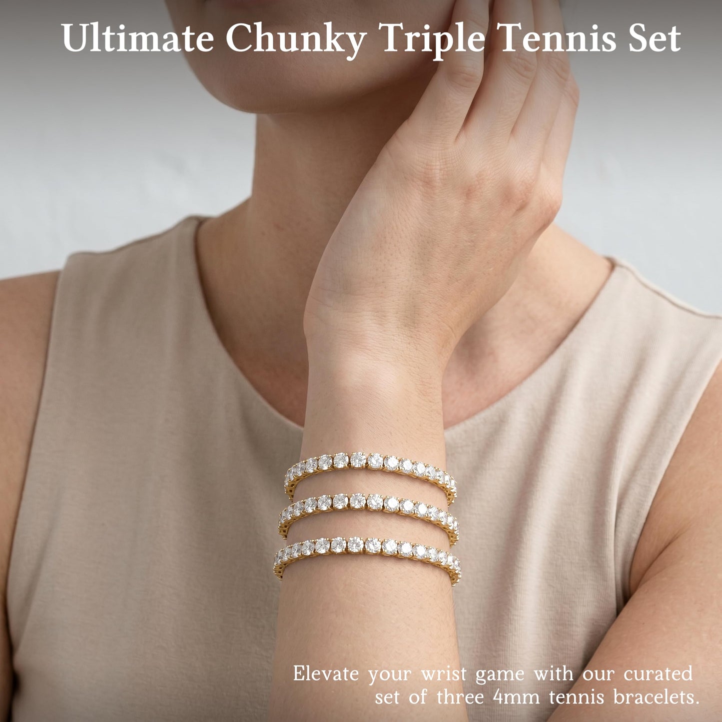 Chunky 4mm Gold Tennis Bracelet Set for Women, 14K Gold Plated Triple Stackable Large Zirconia Bracelets, Bold Statement Jewelry, 3-Piece Heavy-Shine Link Set, Y2K Fashion Accessory