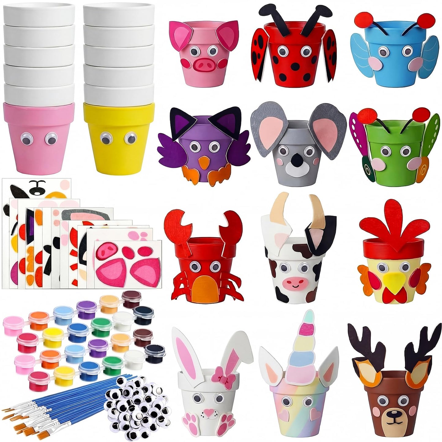 Teyva Daily 12 Sets Terracotta Pots to Paint Kit Spring DIY Crafts Flower Pots Felt Animal Acrylic Paints 24 Brushes 48 Googly Eyes Easter Party Supplies for Spring Garden Art Decoration