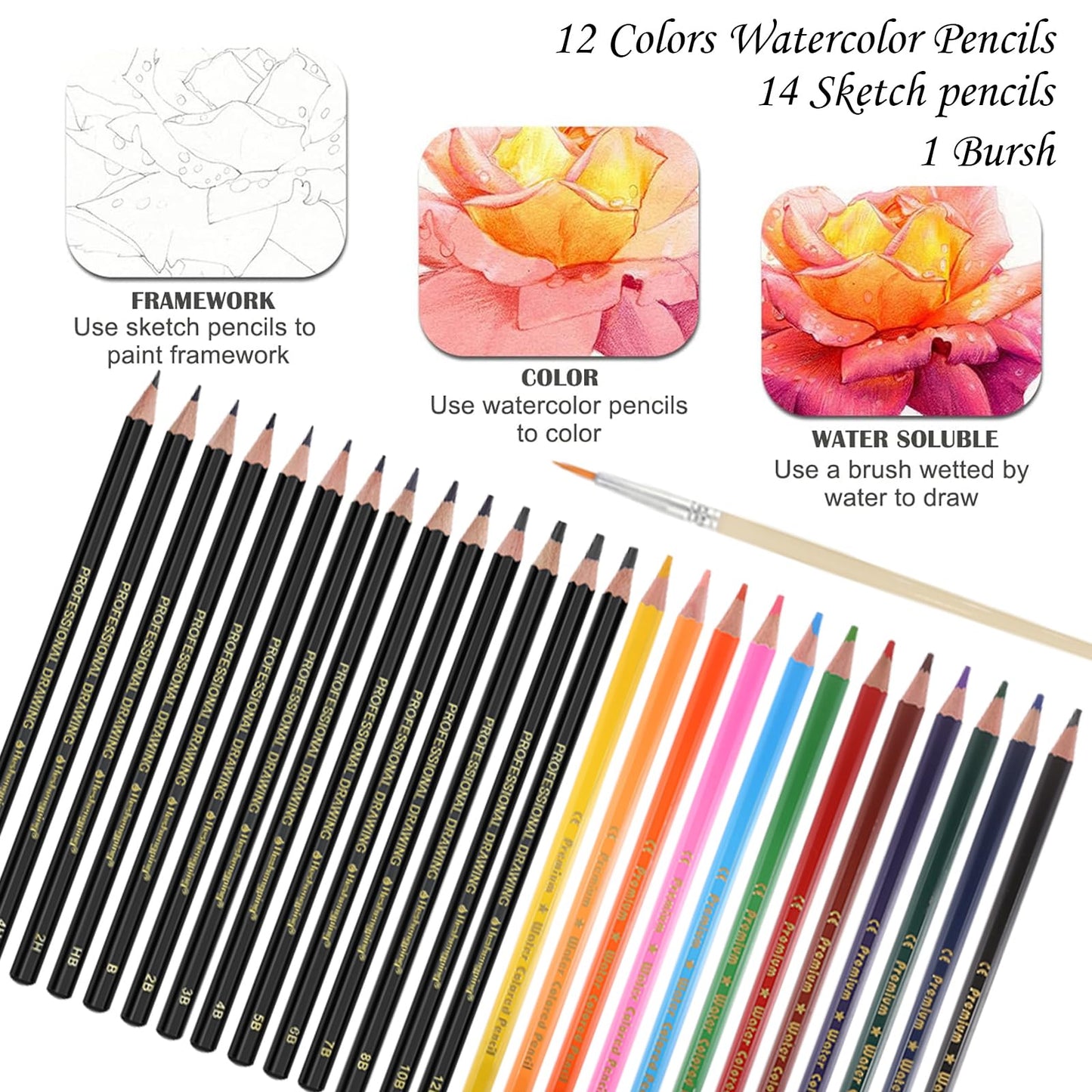 Heshengping, Sketching Pencil Set Drawing Pen Charcoal Sketch Kit Cover Graphite Charcoal Watercolor Pencils Paper Erasable Pen Beginners Artist Children and Adults(39pcs Art Supplies)