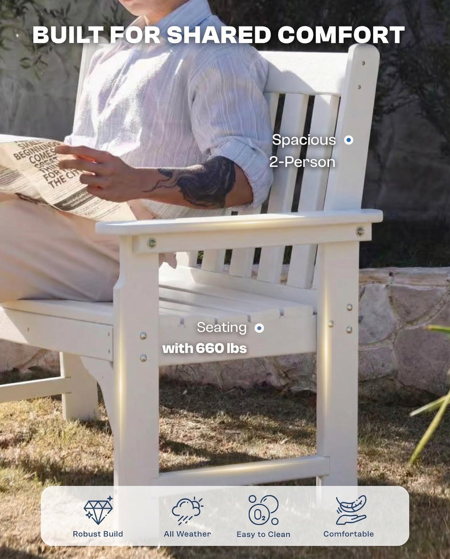 Patio Kingdom HDPE Garden Bench, All Weather 2-Person Outdoor Benches, Rust Free & Fade Resistant Patio Benches for Garden, Porch, Backyard, Deck, Lawn, Balcony, Poolside (White, 1 Beach)
