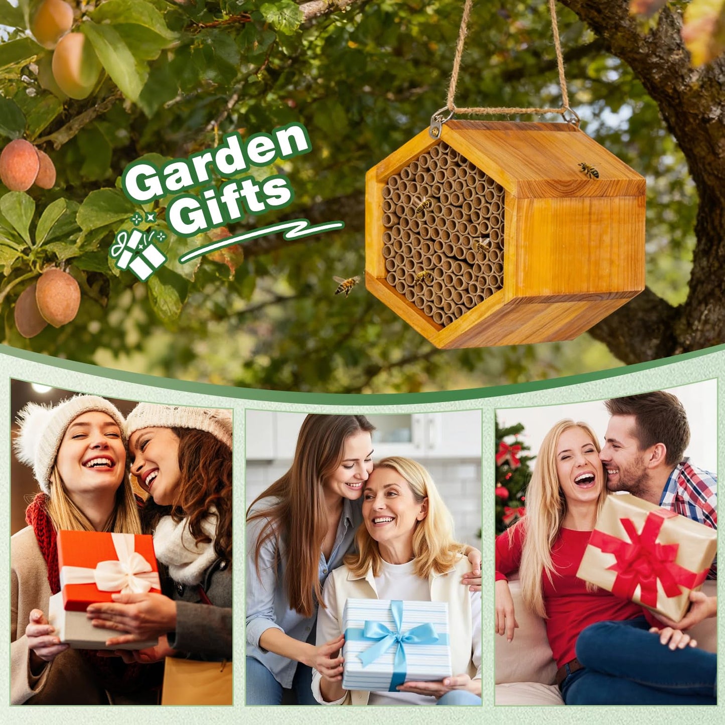 Mason Bee House - Handmade Natural Wooden Bee Hive Coated with Wax for Water-Proof and Long Service Life - Attracts Peaceful Bee Pollinators to Your Garden, Bee Houses for Garden