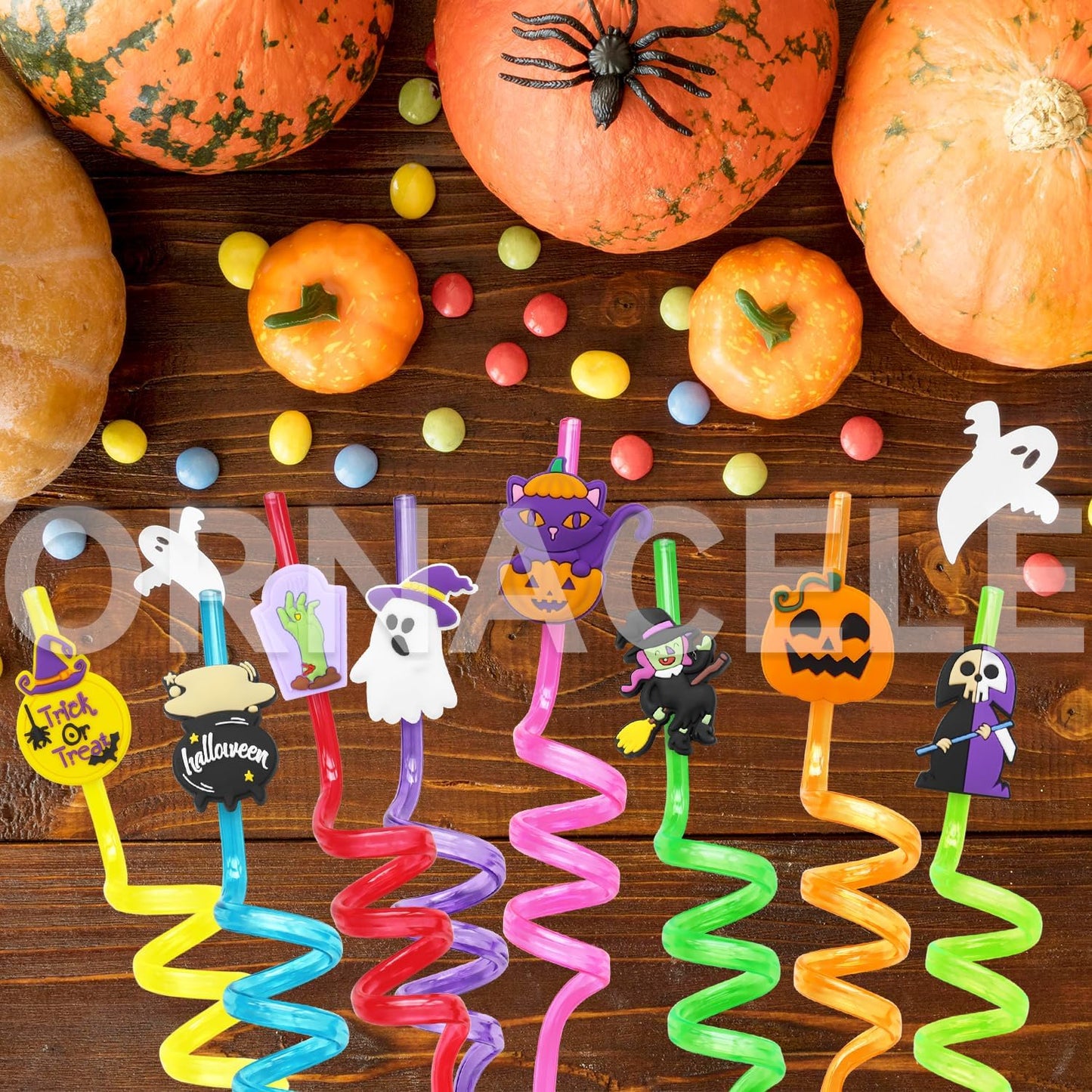 48 Pieces Halloween Reusable Drinking Straws, Grave Ghost Cats Pumpkin Witch Spider Pattern Party Favors Goodie Gifts for Kids Halloween Party Supplies