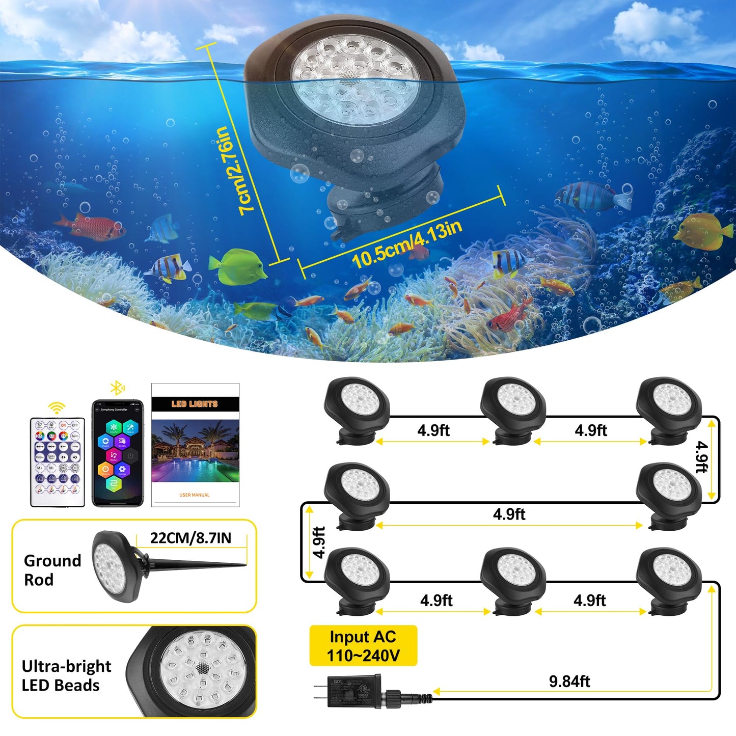 T-SUN Pond Lights LED Underwater – IP68 Waterproof Smart App & Remote Submersible Fountain Lights with 16 Million Colors Dimmable Timer for Outdoor Koi Pond Garden Waterfall Aquarium(Set of 8)