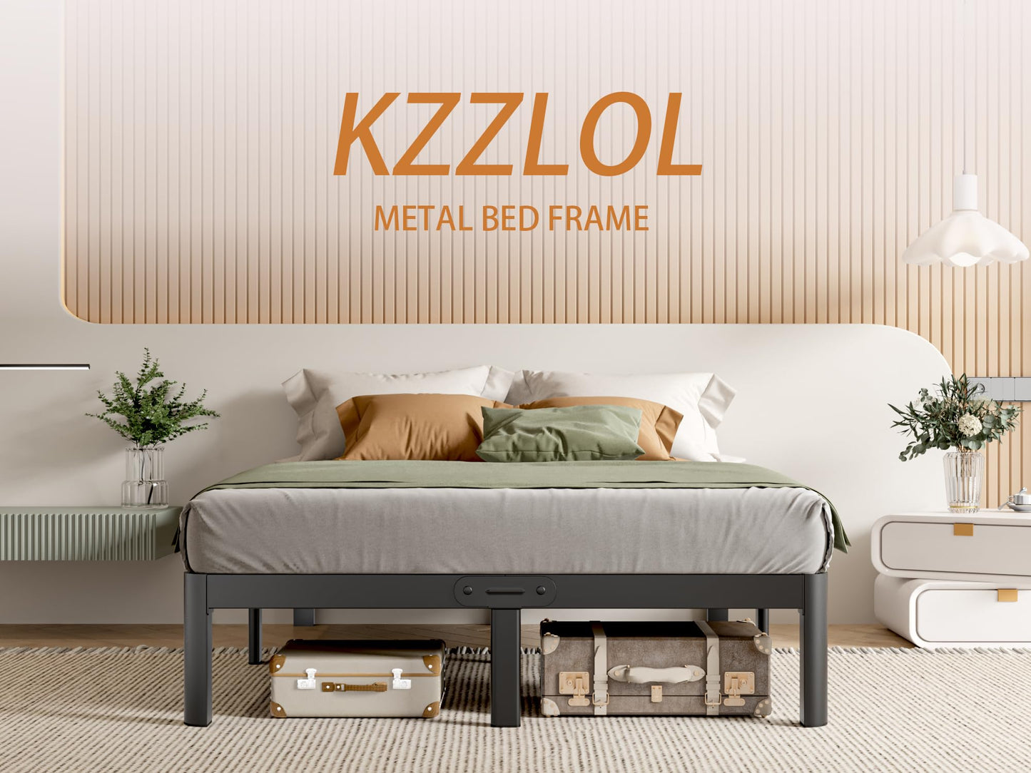 KZZLOL Black King Size Bed Frame 12 Inch, Metal King Bed Frame No Box Spring Needed, DIY Headboard Holes, Heavy Duty Steel Support 3500 LBS, Noiseless, Round Corner Leg, Storage Space, Easy Assembly