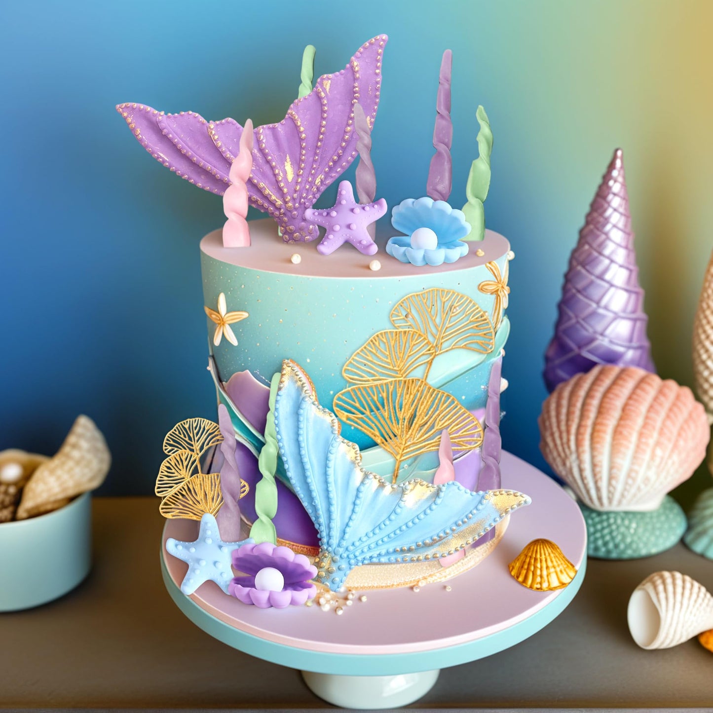 Under the Sea Cake Topper Mermaid Cake Decorations Ocean Mermaid Theme Baby Shower Little Seashell Cake Toppers Birthday Bridal Shower Wedding Party Supplies