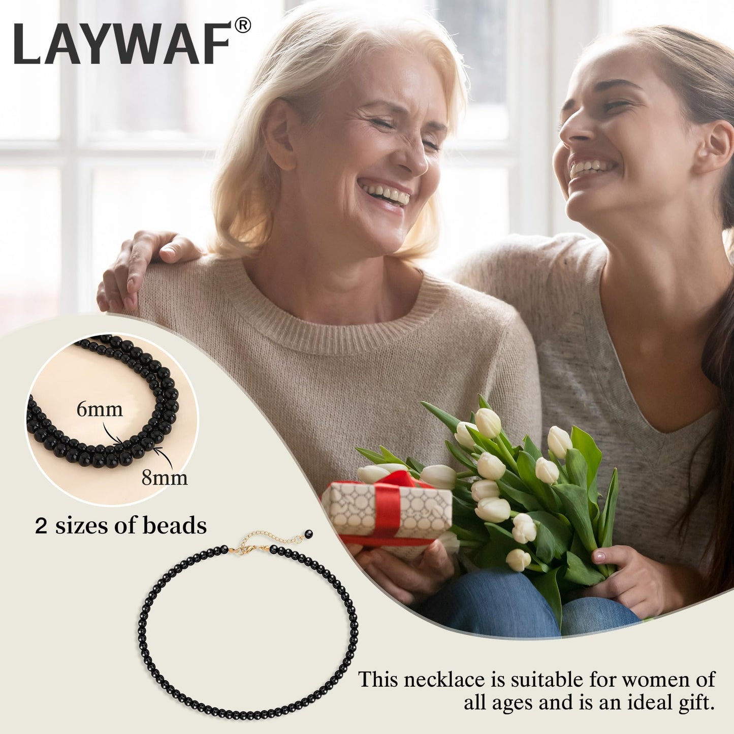 LAYWAF Black Imitation Pearl Necklace for Women, Fake Pearl Choker Necklace, 6MM Beaded Necklace, Simple Faux Pearl Accessories Costume Jewelry