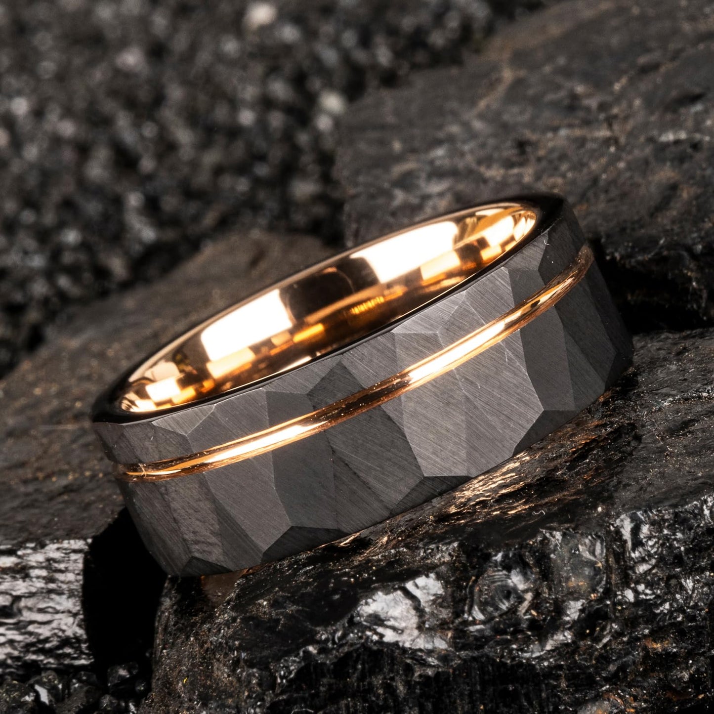JEWPER 8mm Men Womens Wedding Band Tungsten Rings Black rose gold Fashion Promise Carbide Hammered groove design on outer ring Matte Finish Edge Comfort Fit Size(12)
