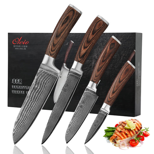 Wakoli EDIB 4-Piece Damascus Knife Set – Professional Chef Knives Set with VG10 Core Blades, 67-Layer Damascus Steel and Ergonomic Pakkawood Handles – Premium Kitchen Knives in Elegant Gift Box