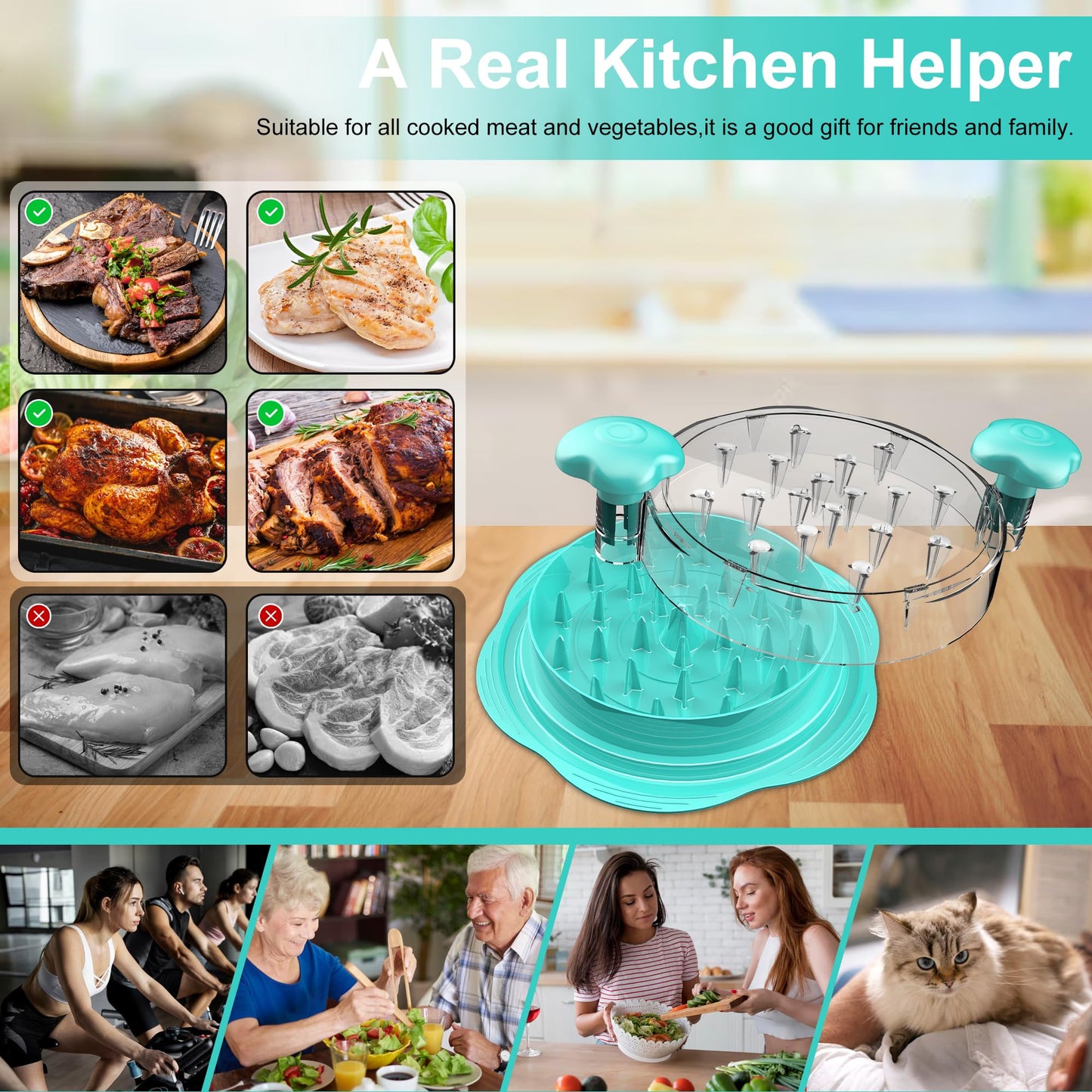 SURETIVIAN Chicken Shredder Large Chicken Breast Shredder Tool Twist with Brush&Fork, Visible Meat Shredder Machine, Anti-Slip Strip, Ergonomic Handle, BPA Free, Pork Beef Chicken(Mint Green)