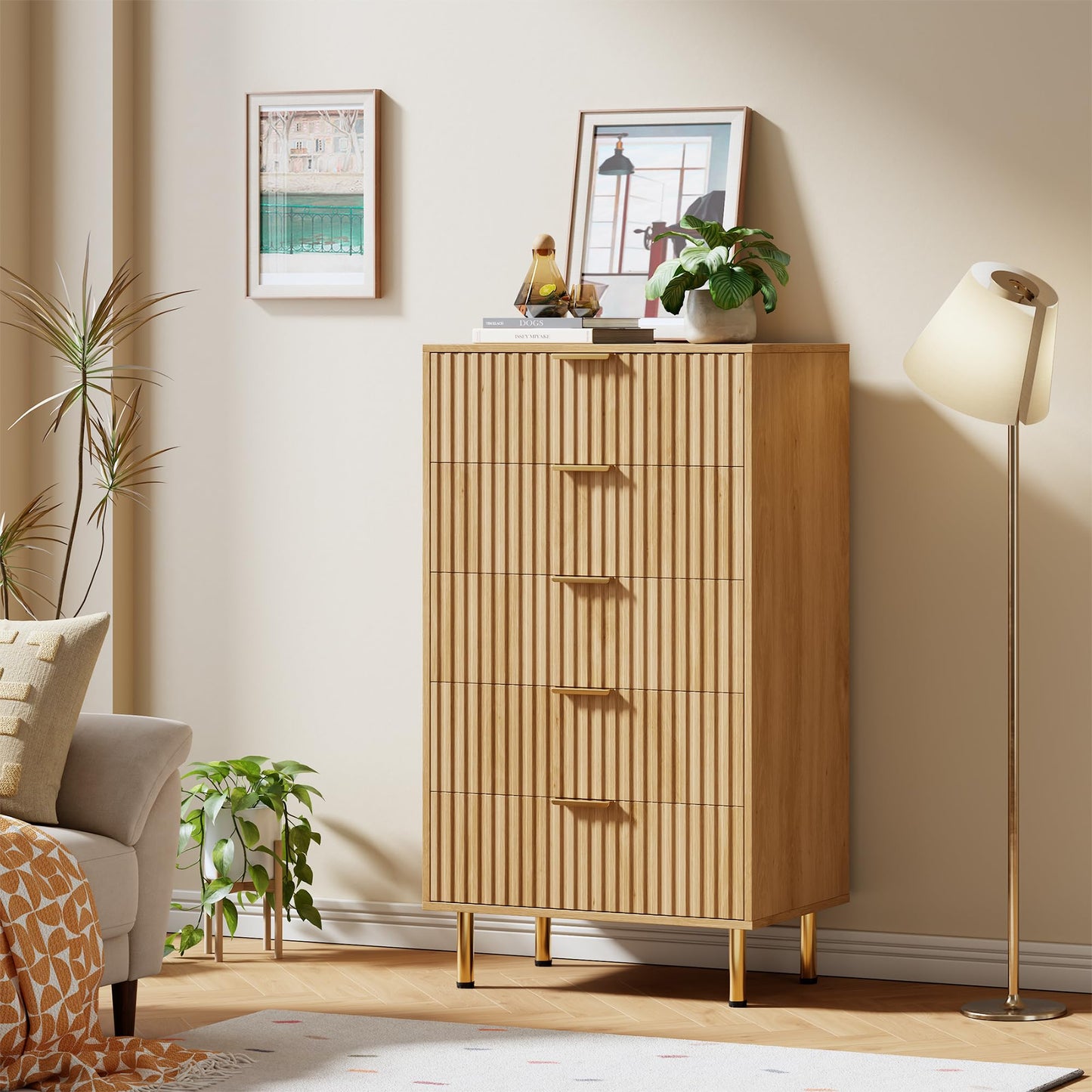 GarveeHome 5 Drawer Dresser for Bedroom, 48 in Tall Modern Chest of Drawers with Deep Drawers and Wide Top, Fluted Wooden Dresser Organizer for Living Room, Hallway, Kids Room, Natural