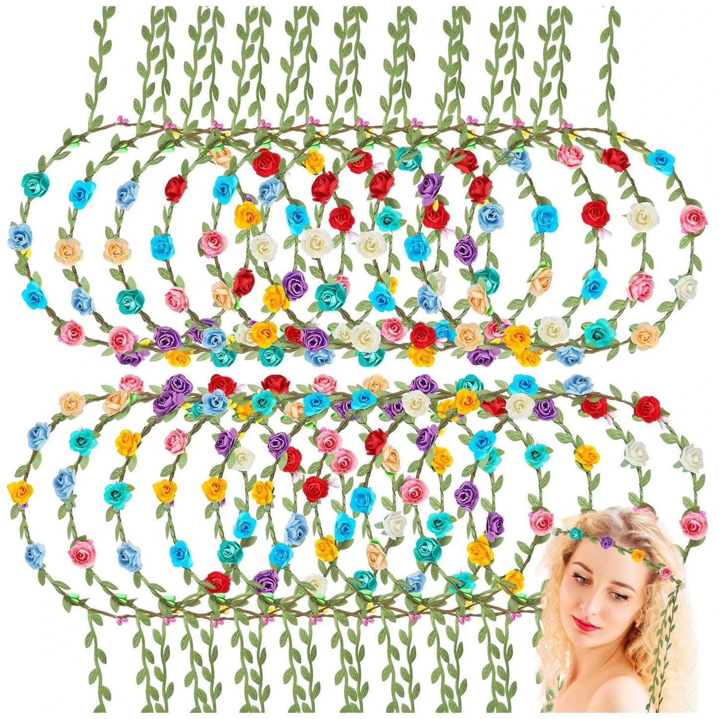 LSLYHTC 20 Pieces Flower Crown Headbands for Women Girls, Adjustable Floral Wreath Garland Headpiece, Multicolor Boho Flower Tiara for Wedding Festival Easter Party Photography Props