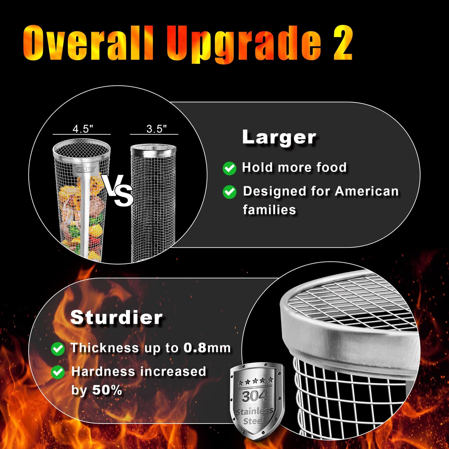 [Upgraded] Grill Basket 2 Pcs (Size XXL), Dishwasher Safe Rolling Grilling Baskets for Outdoor Grilling, Stainless Steel BBQ Grill Basket for Veggies, Grill Nets Cylinder, Gifts for Men/Dad