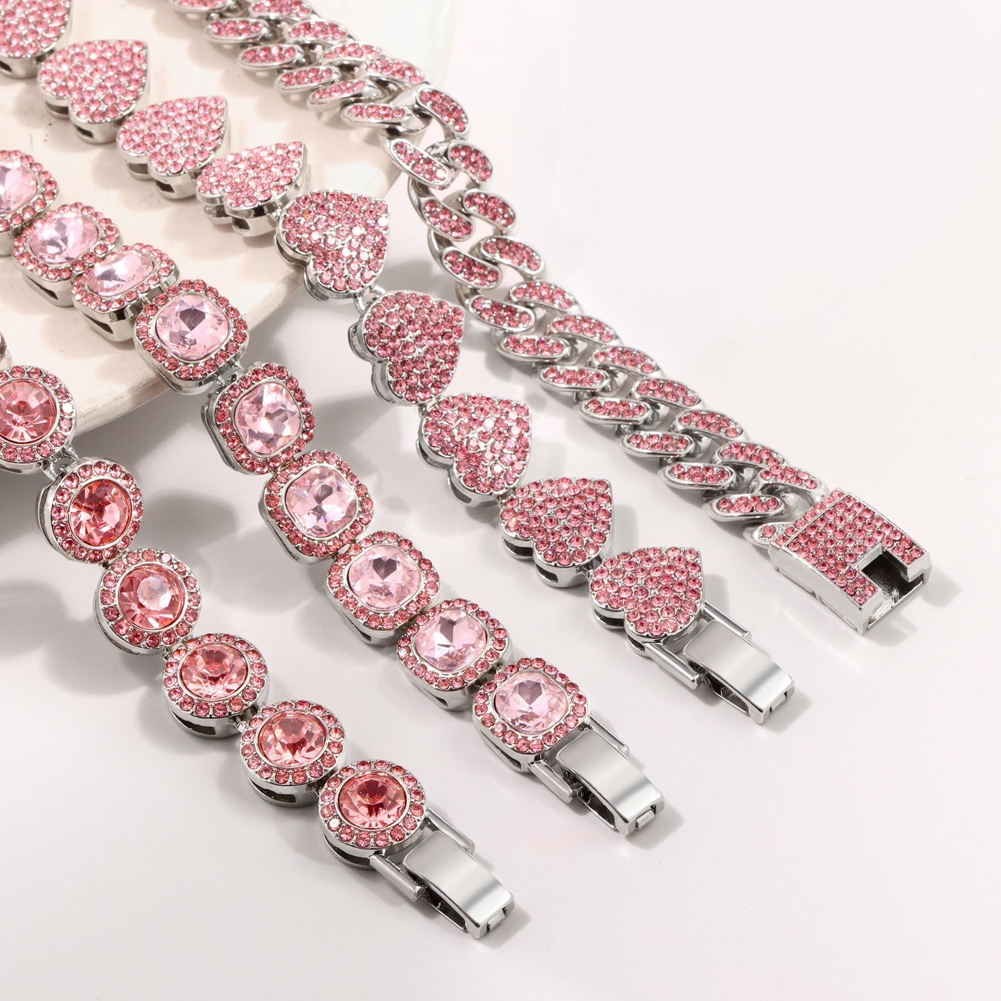 shopbyskyler 4PCS Gold Bracelets for Women Silver Clustered Tennis Bracelet for Women Heart Round Diamond Cuban Bracelet Layered Link Bracelet Set Fashion Jewelry for Women Set (Pink, 8inch)