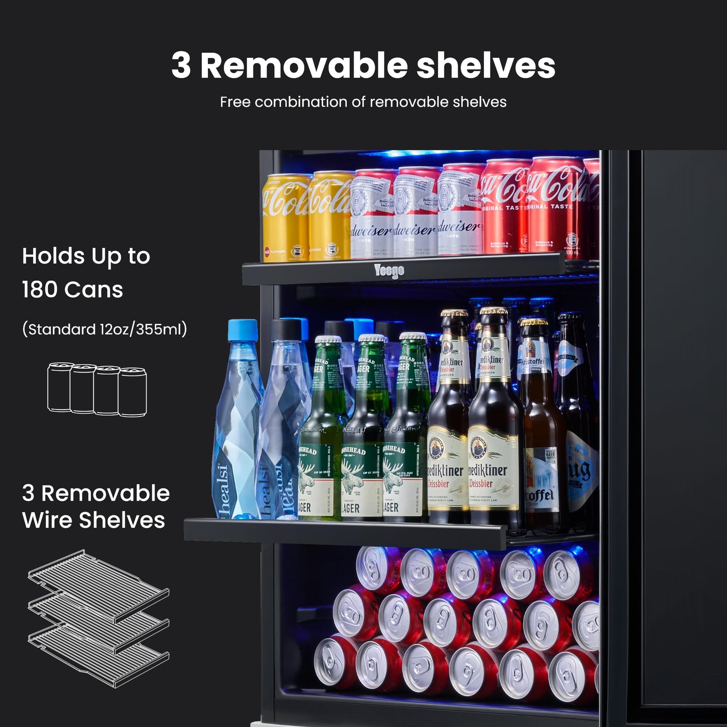 Yeego 24 Inch Beverage Refrigerator – 180 Can Built-In Under Counter Drink Fridge with Glass Door, 34–54°F Cooling for Beer, Soda & Wine (Right-Hinged)