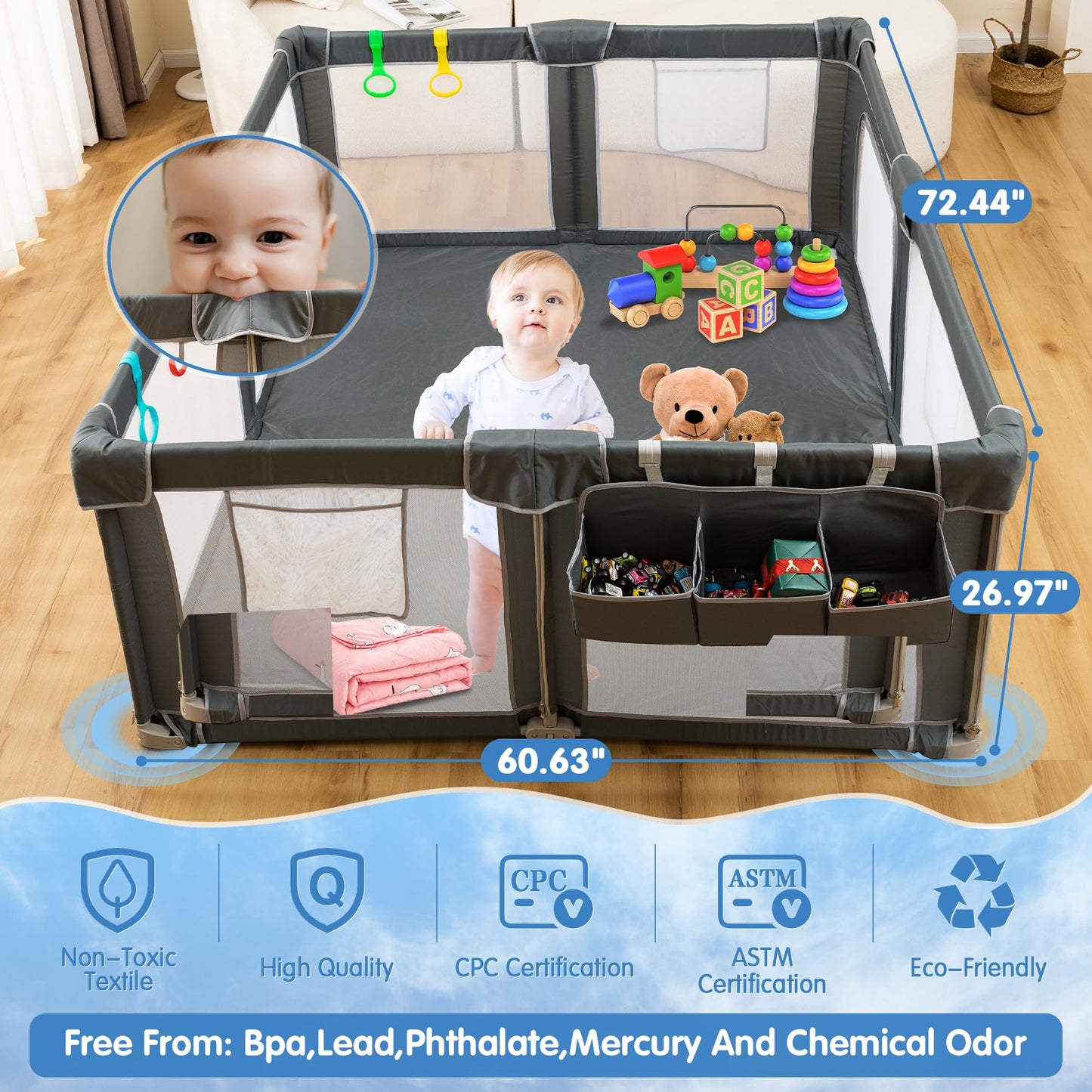 CAPAKIDS Foldable Baby Playpen 59"×71", Out-of-The-Box Ready Playpen for Babies and Toddlers, Portable Play Yard with Breathable Mesh & Gates, Storage Bag & 4 Handlers for Indoor & Outdoor