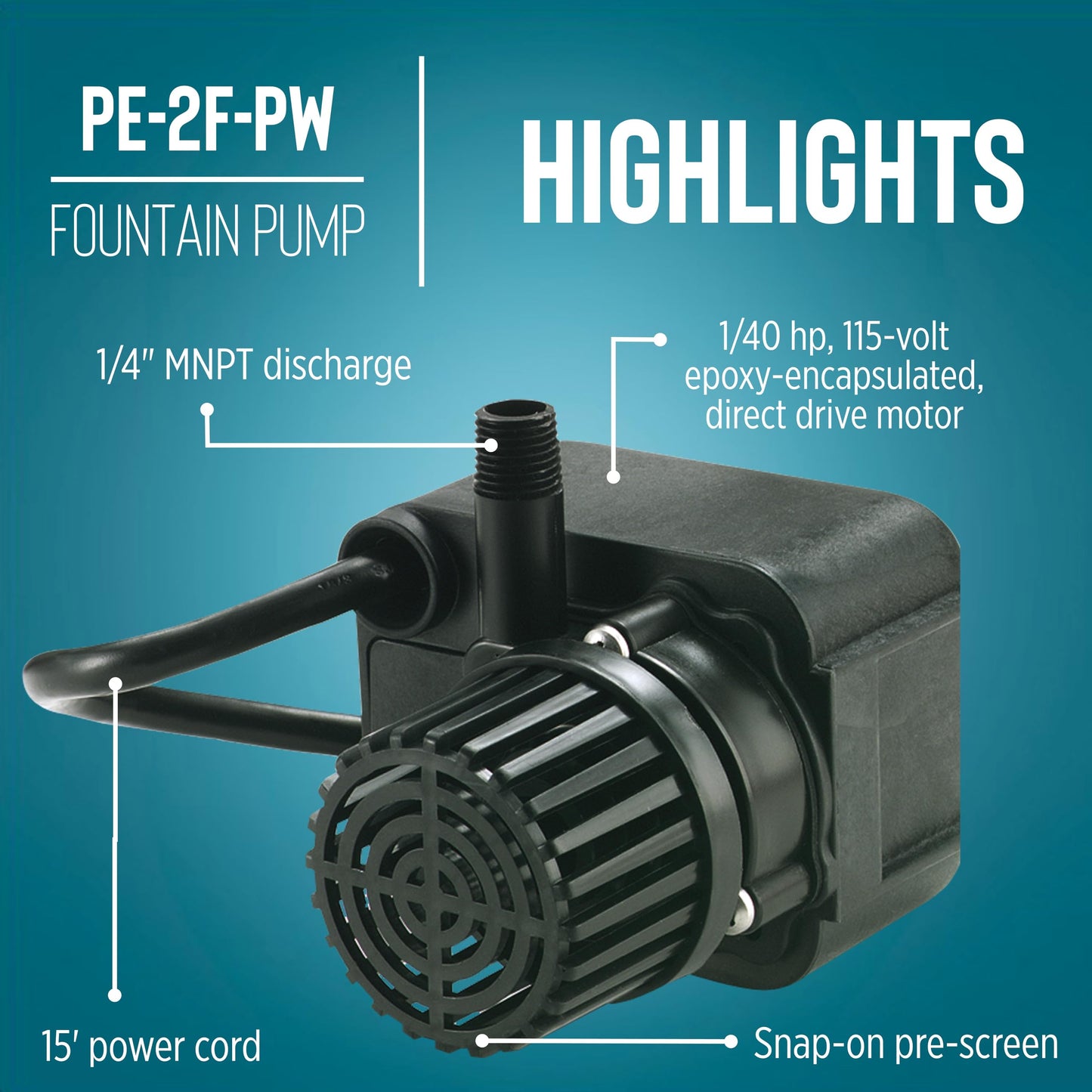 Little Giant PE-2F-PW 115 Volt, 1/40 HP, 300 GPH Submersible Direct Drive Pump for Small Ponds or Fountains with 15-Ft. Cord, Black, 566611
