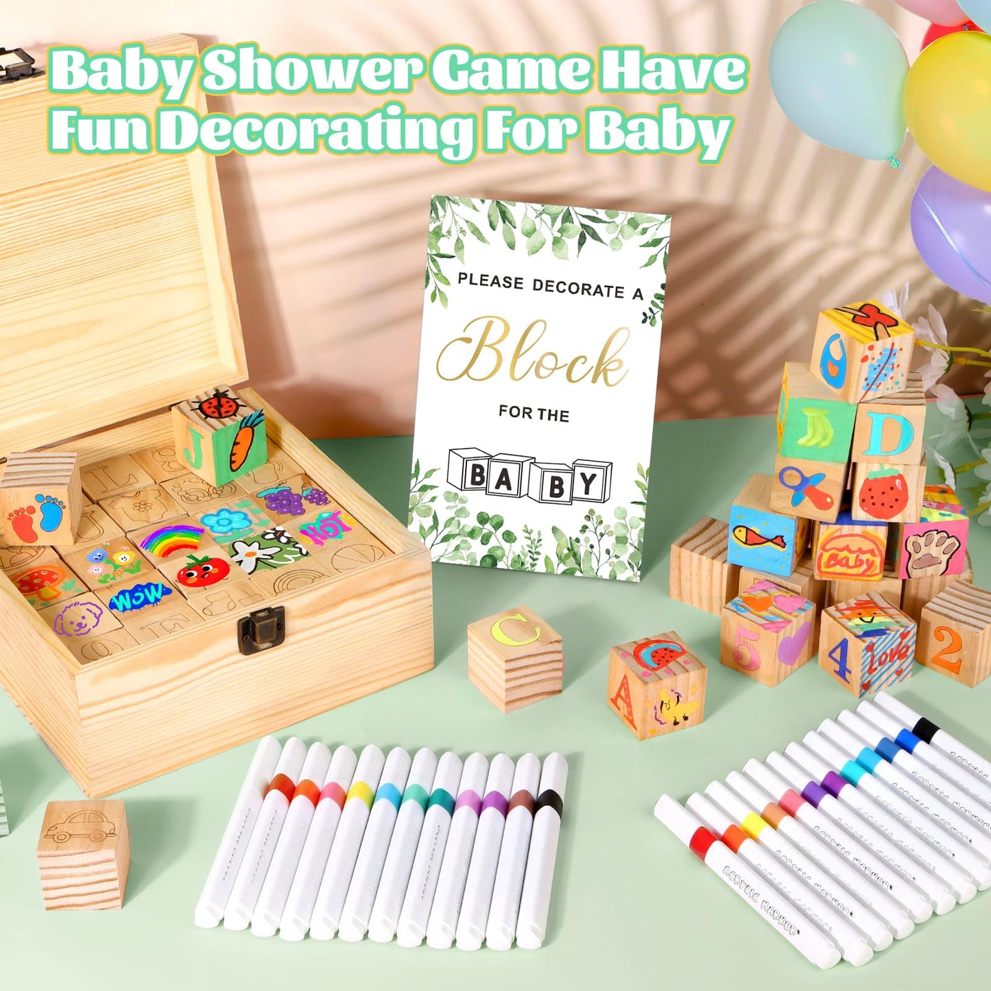 Pydeeirom Baby Shower Blocks Game Set with Wooden Box, Acrylic Markers & Wooden Sign for Baby Shower Games, Gender Reveal & Decorations (GreenLeaves)
