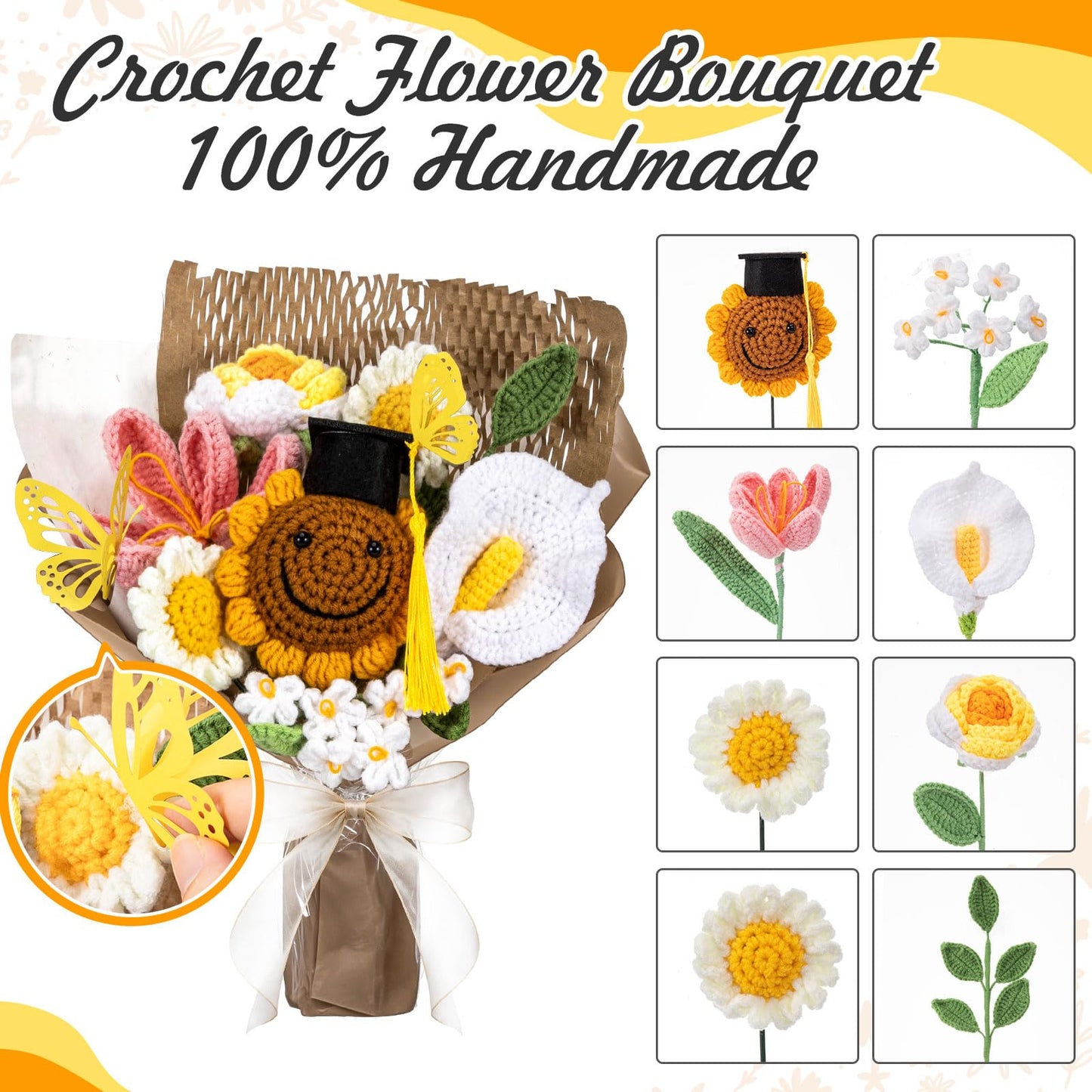 Retrowavy Graduation Crochet Flower Bouquet with Gift Box Bag and Card, Crochet Flowers Handmade Pink Tulips Sunflowers Bouquet Graduation Gifts for Women Friends Grad(Yellow, Grad)