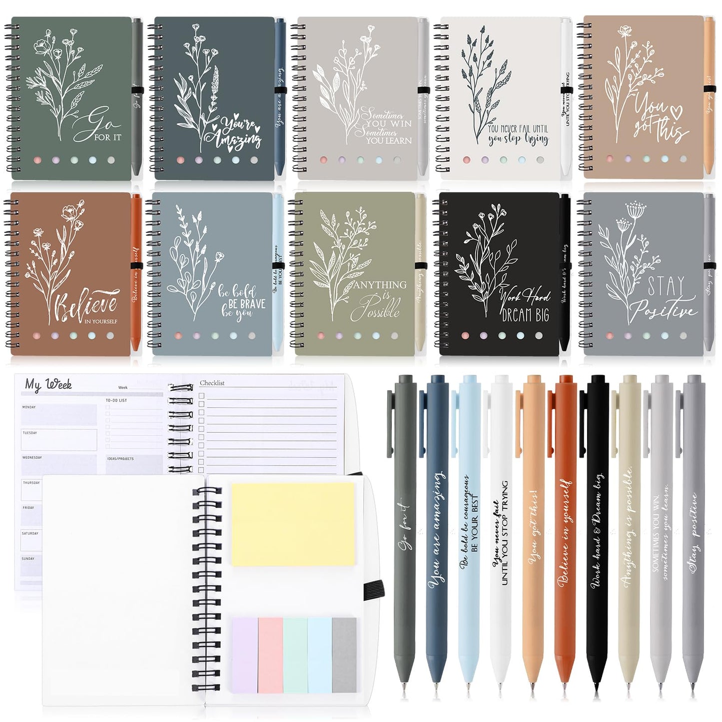 Dispowreath 10 Sets Inspirational Notepads and Pens Motivational Journal Bulk Employee Appreciation Gifts for Teacher Coworker Team Nurse Staff Office Supplies