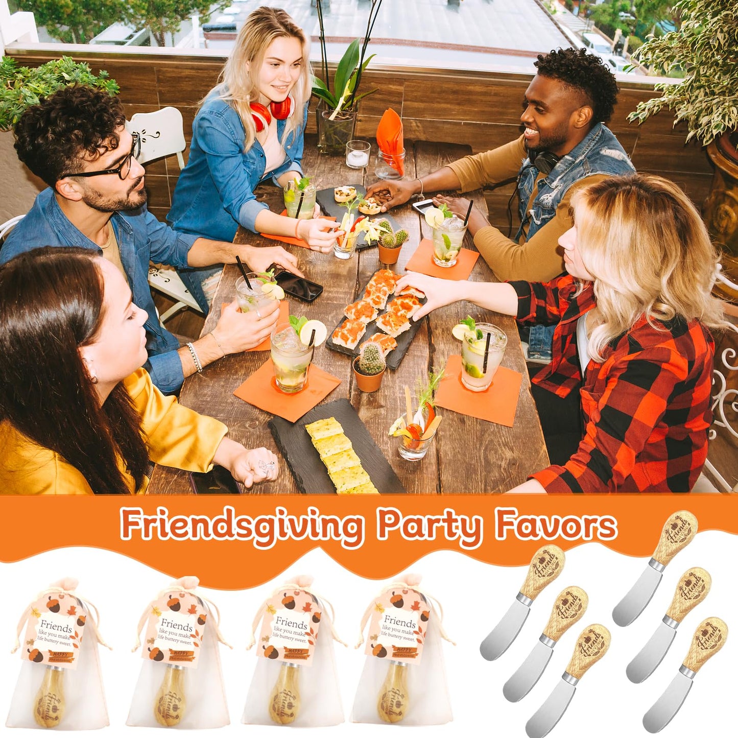 ERTIUANIO 20 Sets Friendsgiving Party Favors Bulk, Thanksgiving Fall Gifts for Friends, Stainless Steel Butter Knife with Wood Handle With Thank You Card Organza Bag, Friendsgiving Party Supplies