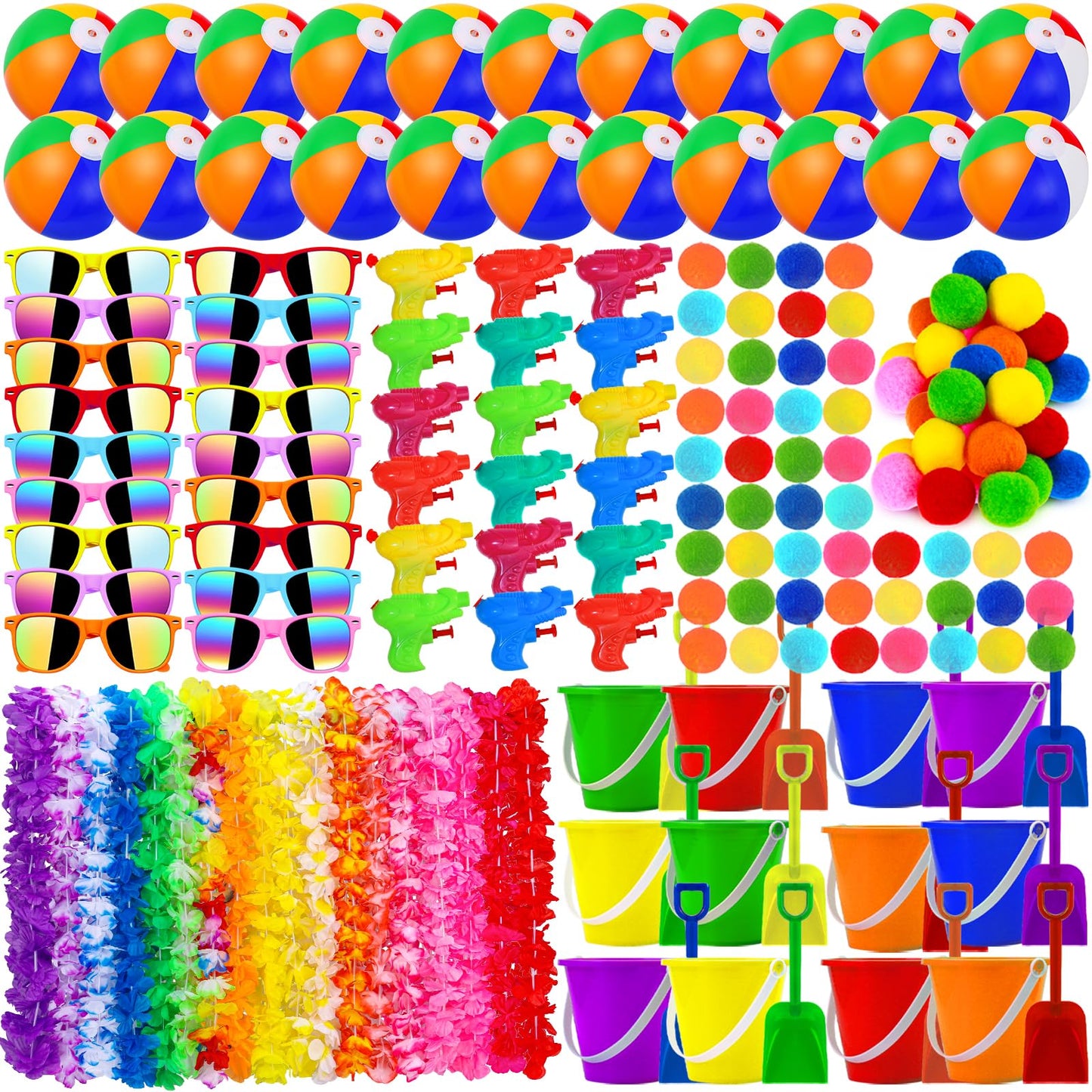Oleitodh 126 Pcs Kids Summer Beach Party Favor Bulk-Includes 18 Inflatable Beach Balls, 36 Sand Bucket&Shovel Set, 18 Neon Sunglass, 18 Water Guns,18 Water Balls,18 Hawaiian Leis for Luau Party Decor