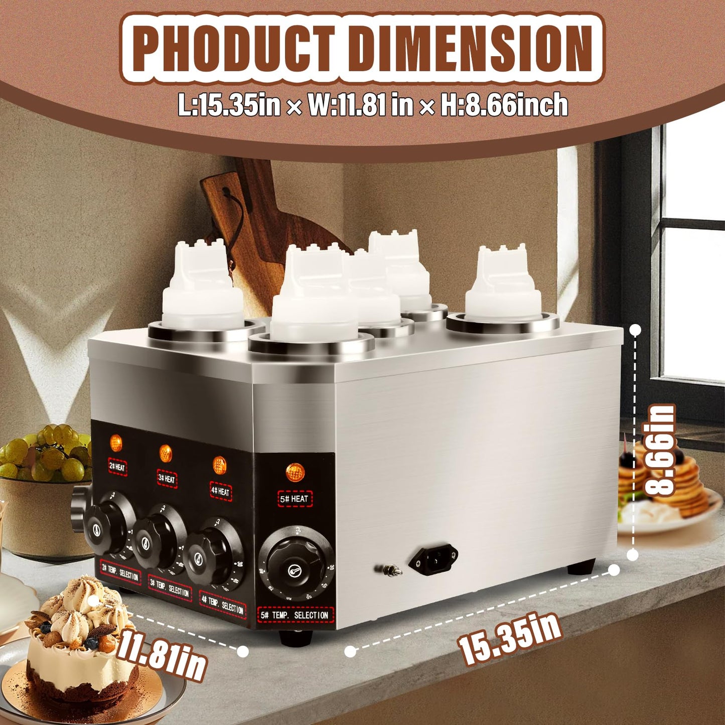 YOOKTEN Commercial Electric Sauce Warmer Dispenser 0.68x5 Qt Hot Chocolate Nacho Cheese 86-185℉ Heater Hot Fudge with Bottles Adjustable