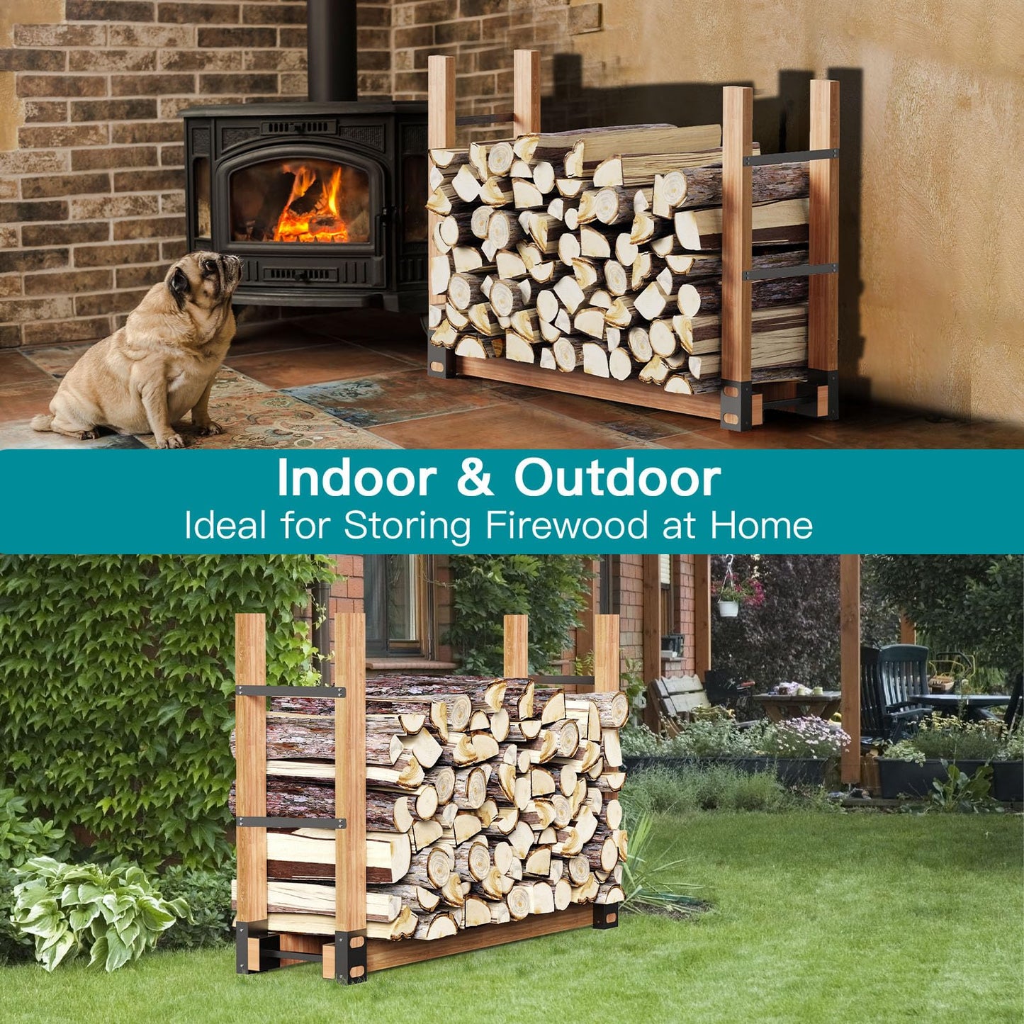 Eibikdi Firewood Rack Outdoor, Adjustable Length Wood Storage Brackets Kit, Log Stacking Stand Holder for Outdoor Indoor Fireplace, Wood Burning Fire Pits, Black, Set of 4
