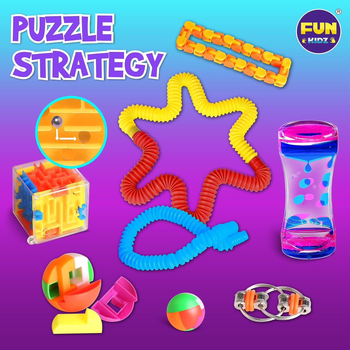 Fidget Pack Box for Boys Girls 4-12, FunKidz Fidget Toys for Kids 5-7 Autistic Sensory Mystery Birthday Gifts in Reusable Portable Treasure Box Nice Party Favors