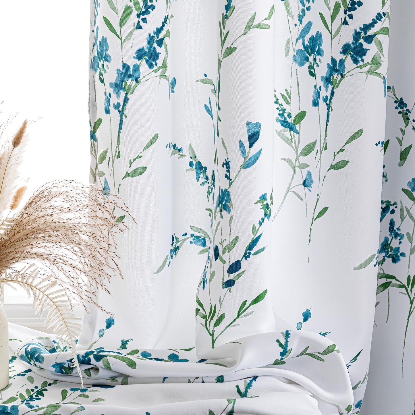 MYSKY HOME 54 inch Floral Curtains, Light Filtering, Thermal Insulated for Bedroom Bay Window, Printed Soft Drapes, Leaf Grommet Darkening, Set of 2 Panels, Sage