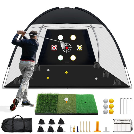 Golf Net, 10x7 Ft Practice Hitting Golf Net with Tri-Turf Mat, Ball, Tee, and Carring Bag, All-in-One Multi-Target Training Aid for Outdoor/Indoor Chipping & Driving, Ideal Gift for Men/Enthusiasts