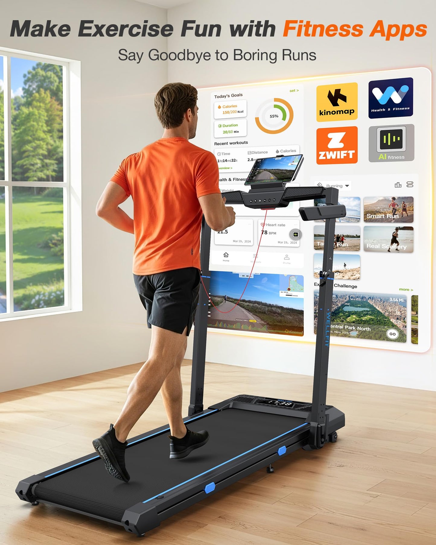 WELLFIT Treadmill with Auto Incline, 4 in 1 Foldable Treadmills for Home with Adjustable Height, 3.5HP Quiet Under Desk Treadmill, 350 LBS Capacity Portable Walking Pad with App, Space-Saving Design