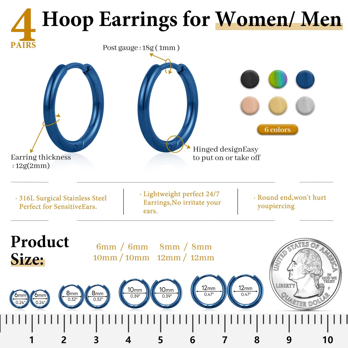 Small Blue Hoop Earrings for Women Men, Huggie Stainless Steel Hypoallergenic Cute Trendy Mini Thin Tiny Cartilage Stacks Earrings Sets for Women Multiple Piercing Jewelry Gift