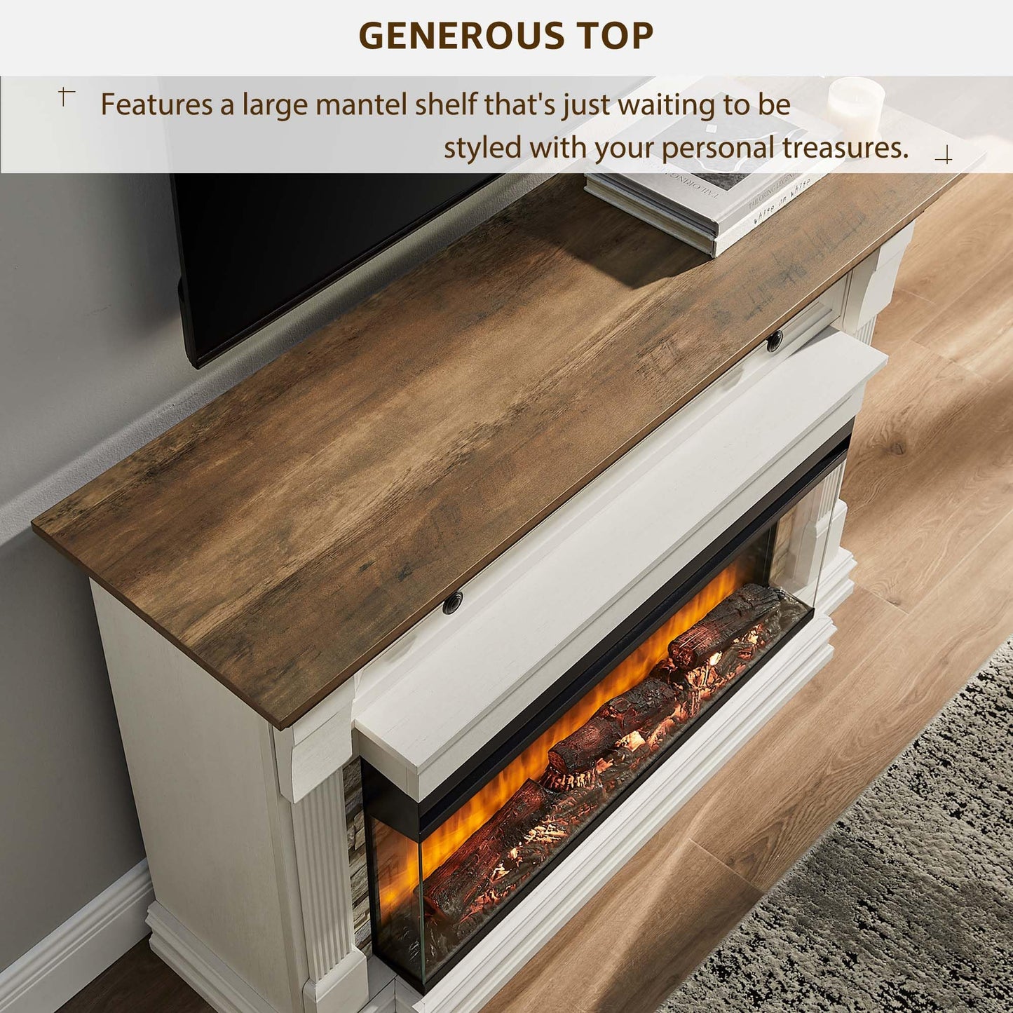 OKD 52 Inch Electric Fireplace with Mantel, Fireplace TV Stand with 36" 3-Sided Glass Electric Fireplace Heater for Living Room (Antique White)