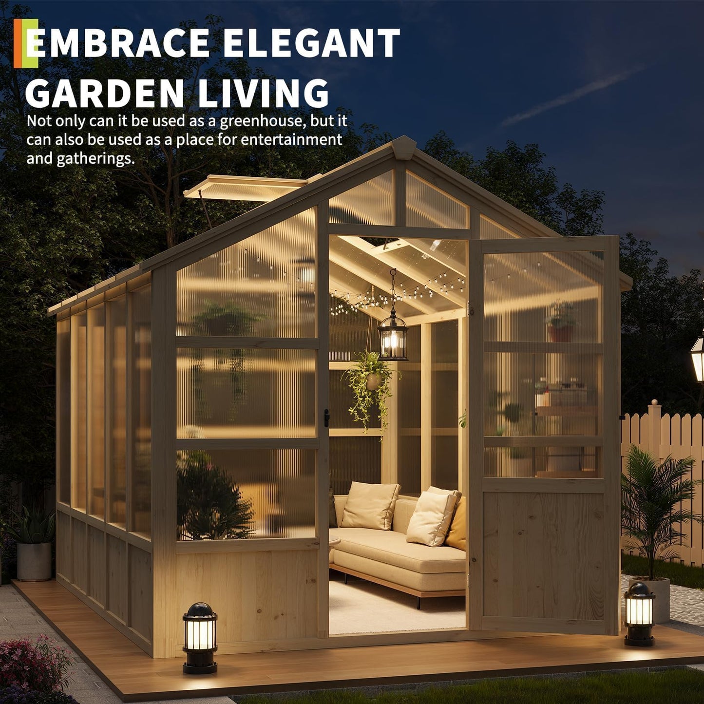 Wooden Greenhouse 8x10 FT, Heavy Duty Greenhouses with Lockable Door and Polycarbonate Panel for Outdoors, Wood Frame & Adjustable Vent, Large Walk-in Greenhouse for Gardens Yards Outside, Light Brown