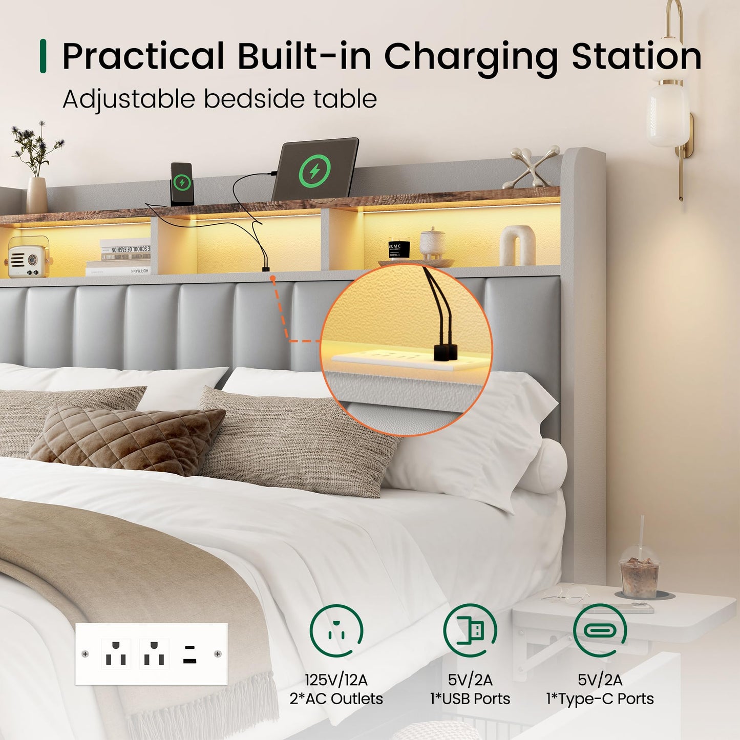 BRELTAM Queen Bed Frame with Headboard,4 Storage Drawers,and Built-in Adjustable Desk,Charging Station,Easy Assembly,No Box Spring Needed,Light Grey
