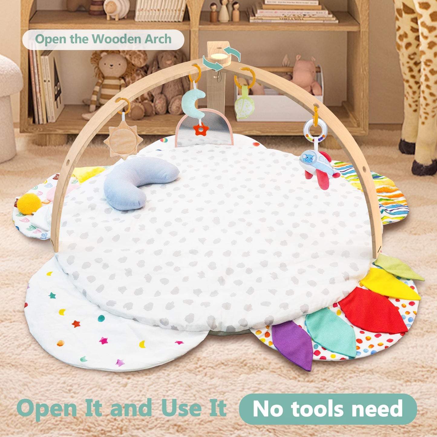 Wooden Baby Activity Gym with Detachable Sensory Toys | Montessori Developmental Play Gym for Infants | Wooden Frame Baby Toy | Foldable Baby Gym