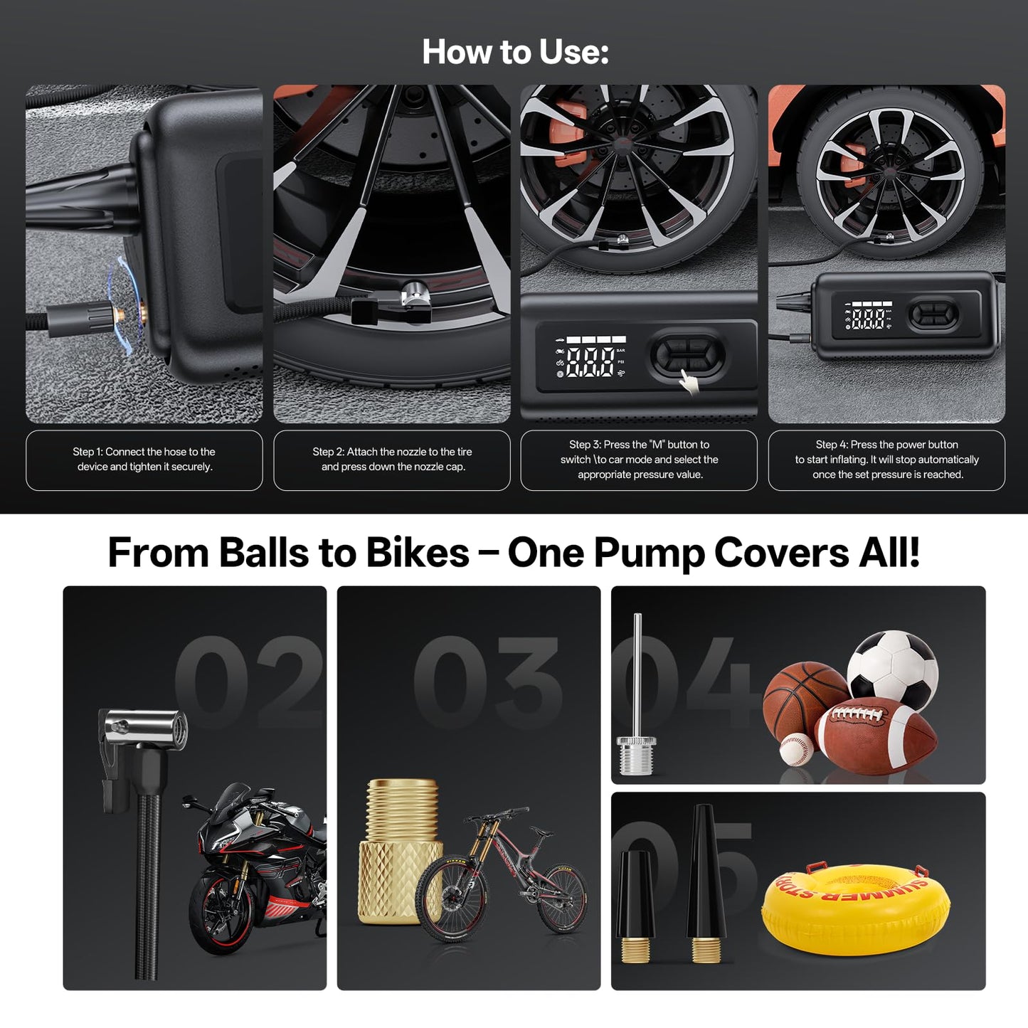 Tire Inflator Portable Air Compressor with Electric Air Duster and Car Jump Starter: 150PSI Cordless Bike Pump - 130000RPM - 1000A up to 6.0L Gas and 3.0L Diesel Engine for Cars, Outdoor, Home