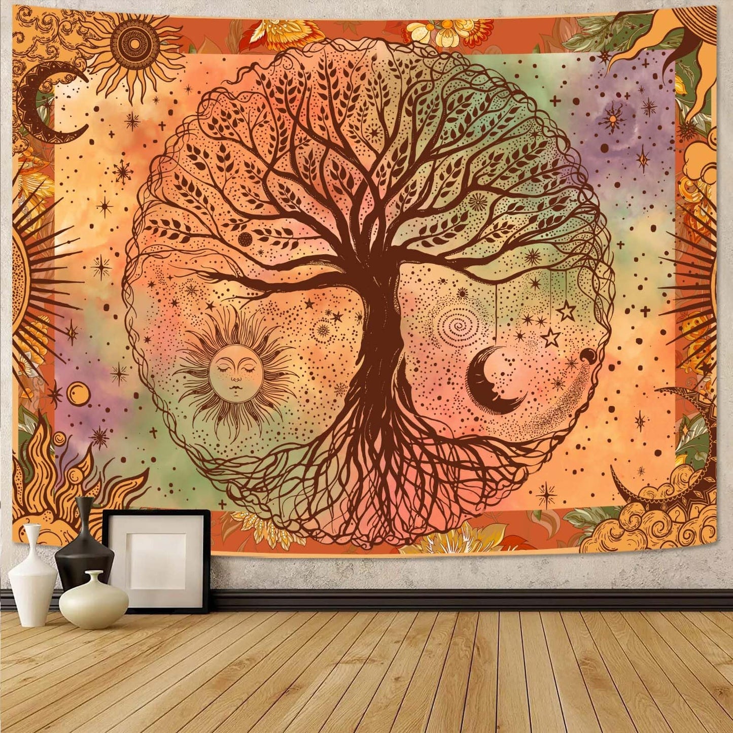 Lifeel Boho Orange Tree of Life Tapestry, Sun Moon Stars Aesthetic Nature Tapestries Home Decor for Living Room Bedroom, 36x48 inches