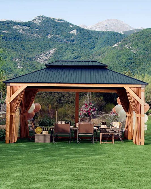 GarveeLife Hard top Wood Gazebo 10 ft x12 ft for All Weather, with Double Metal Roof, Heavy Duty Wooden Frame, Net, and Curtain, Permanent Building for Patio, Deck, Backyard, Lawn, and Garden, Khaki