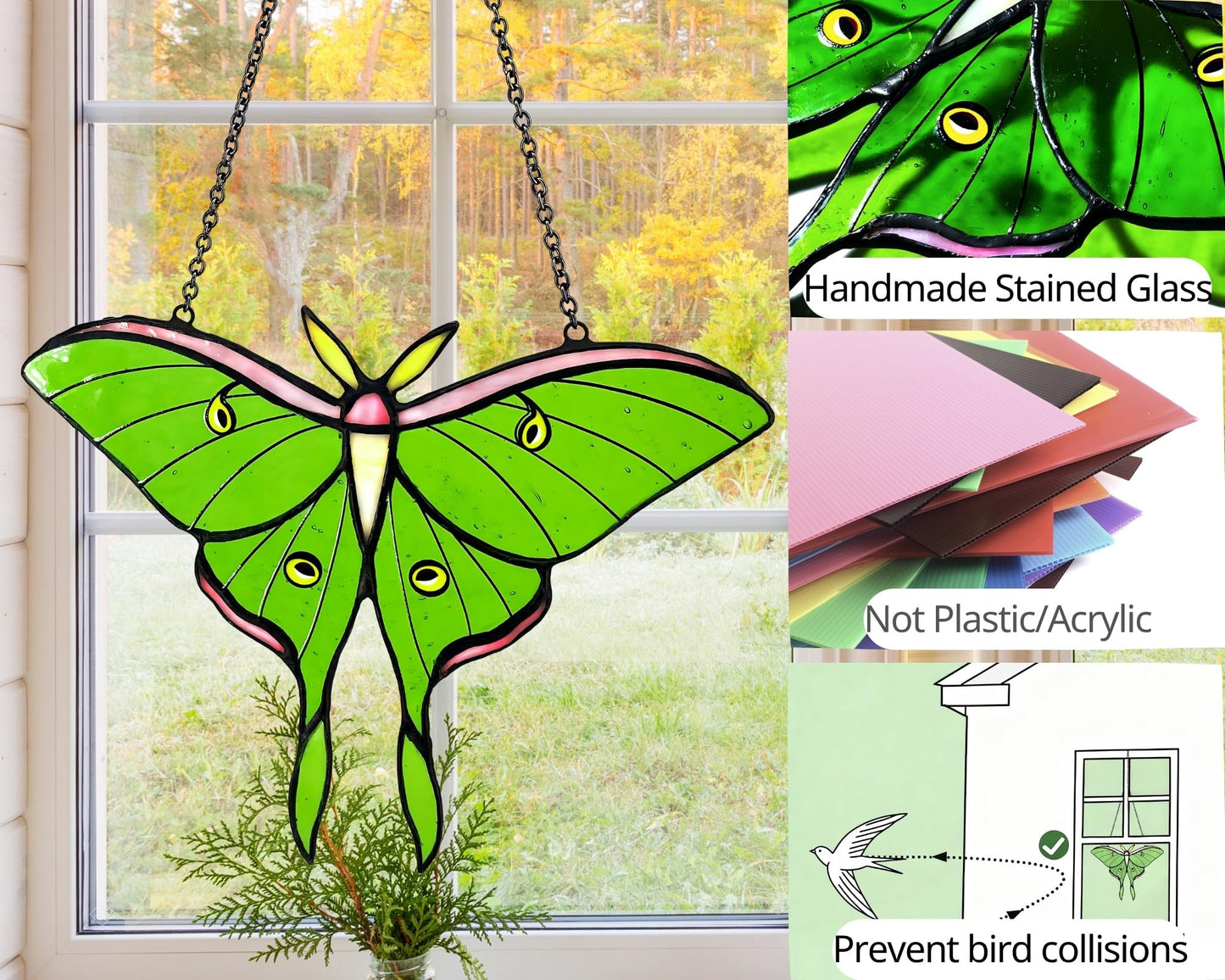 Cemovia Luna Moth Stained Glass Window Hanging - Handmade Real Glass Suncatcher - Elegant Green Moon Moth Butterfly Light Catcher Gifts for Mother, Women, Grandma (Gifts-Box provided)