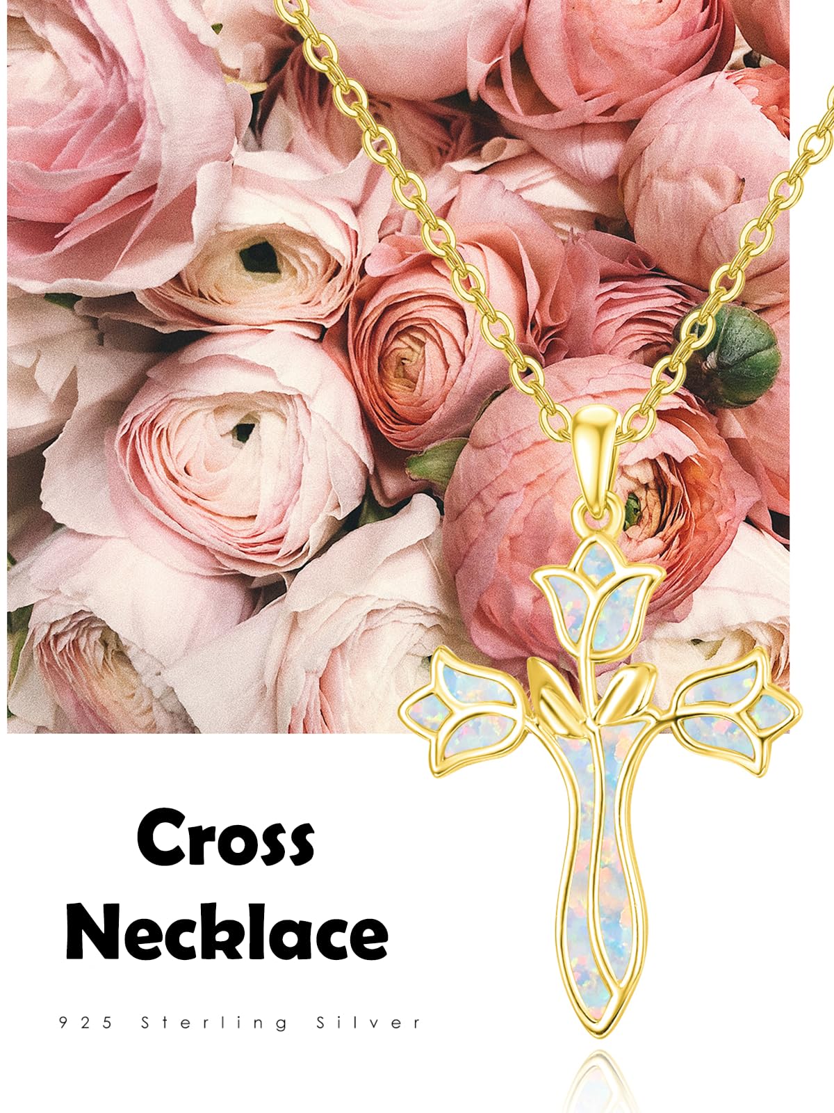 Dreamboat Gold Plated Cross Necklace for Women Gold Plated Cross Pendant Sterling Silver Christian Necklace Tulip Rose White Opal Faith Confirmation Gifts Religious Jewelry for Mom