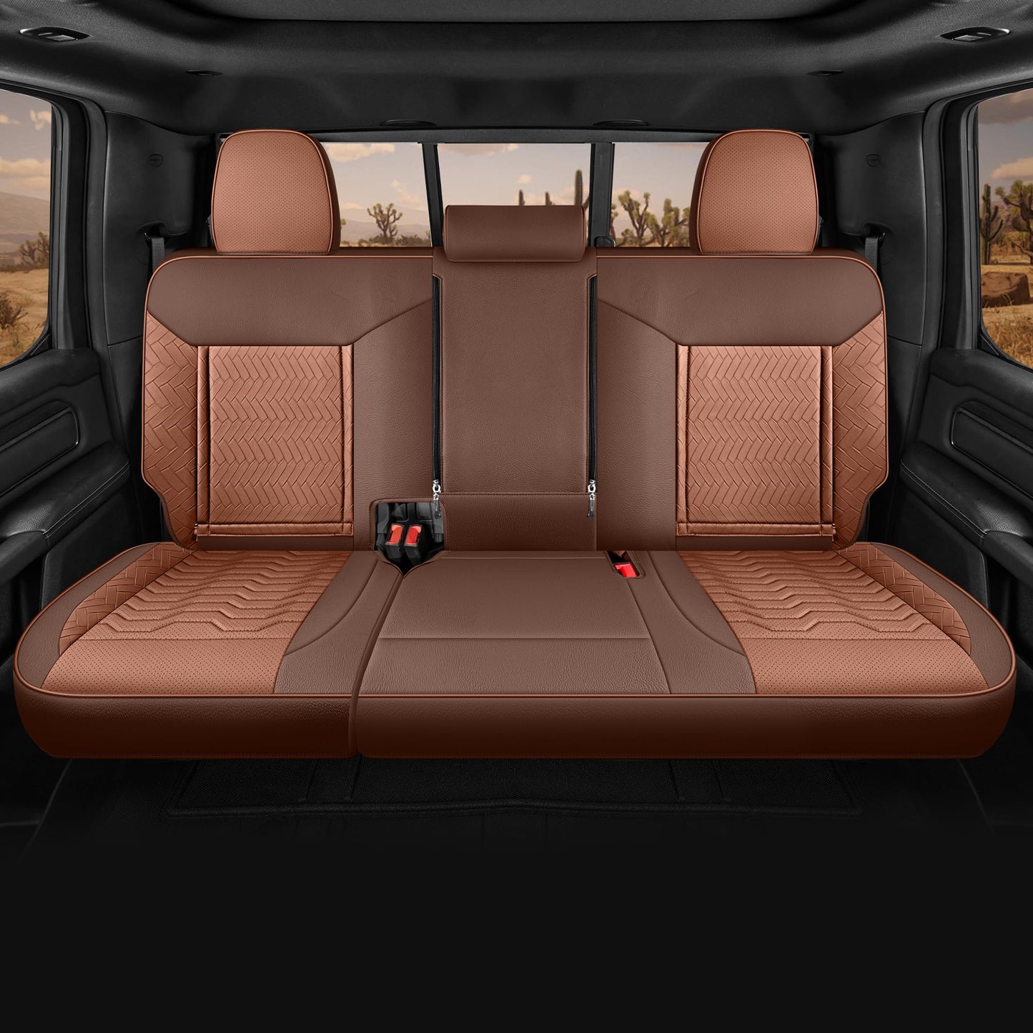 Red Rain Brown Leather Car Seat Cover for Chevy Silverado 2019-2025 1500 2500 3500 Crew Cab Double Extended Regular Cab LT LZT RST Trail Boss, GMC Sierra 2020-2026 (Silverado-Brown+Orange-2019/2025)