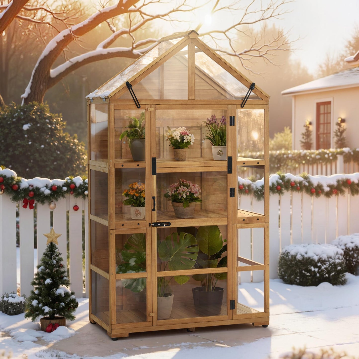 MCombo Wooden Greenhouse Outdoor with Openable Roof Vent and Adjustable Shelves, 0826 (Natural)