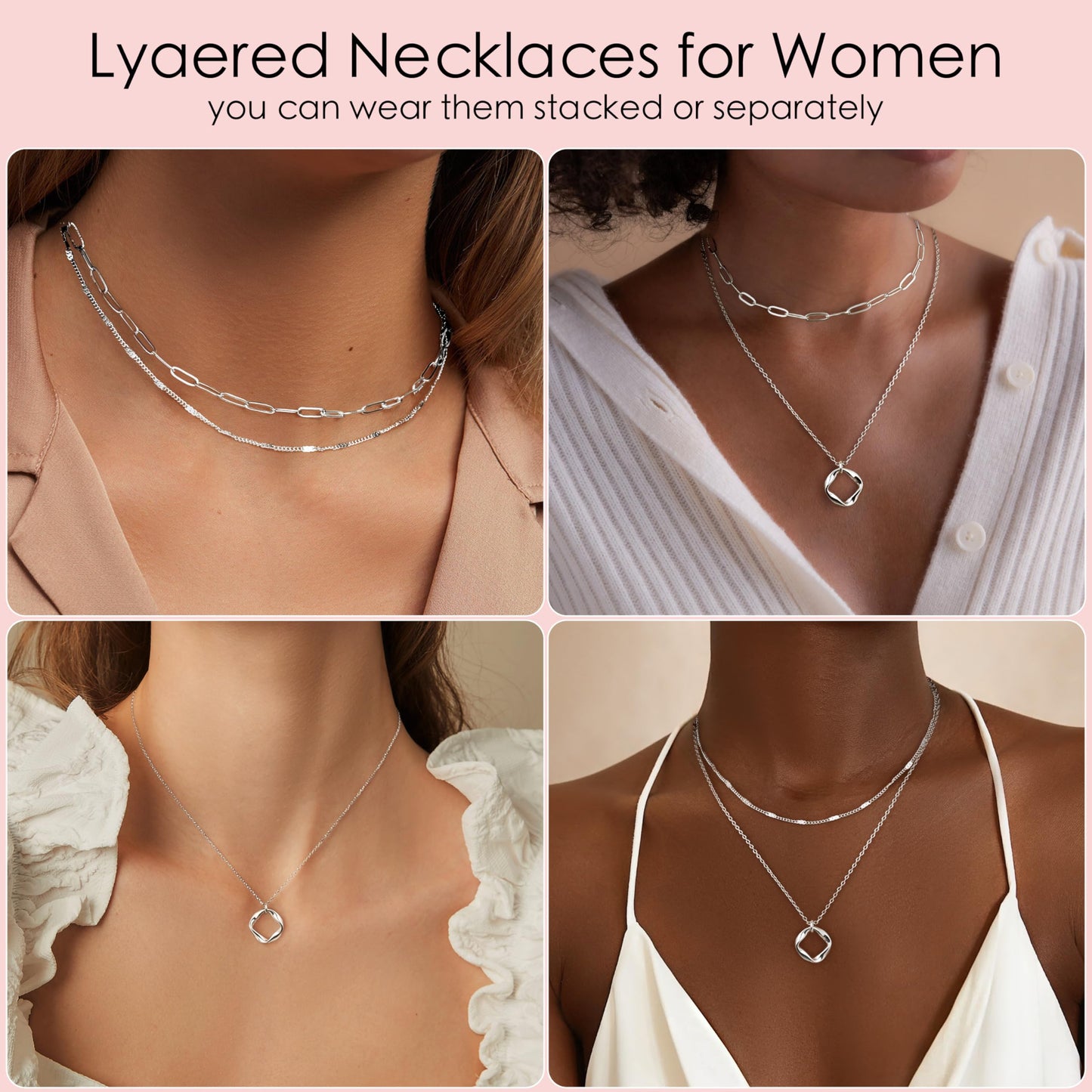 Layered Silver Necklaces for Women, Sterling Silver Plated Dainty Stackable Paperclip Choker Necklaces for Women, Trendy Layering Geometric Pendant Thin Chain Necklace Jewelry Set Gifts