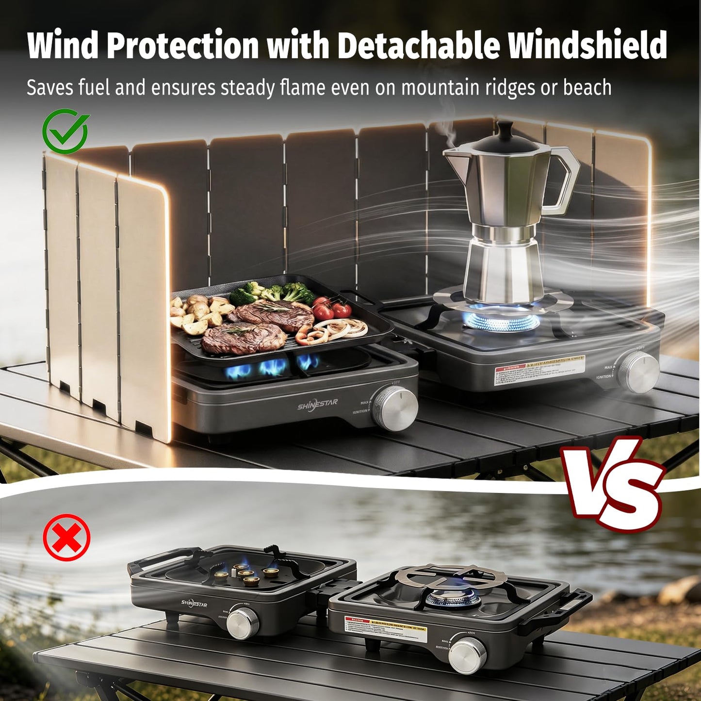 SHINESTAR 2 Burner Camping Stove, 24000 BTU Portable Propane Camp Stove with Brass Burner, Foldable Gas Stove with Windshield & Coffee Stand, Camping Essentials for Outdoor Cooking, or Emergencies